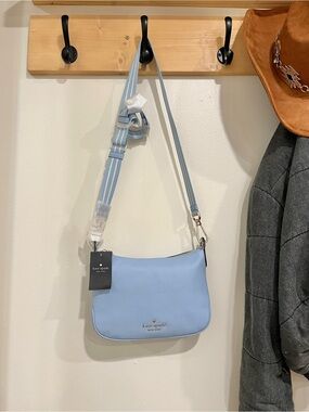 Kate Spade Light Blue Pebble Leather Crossbody with Striped Strap